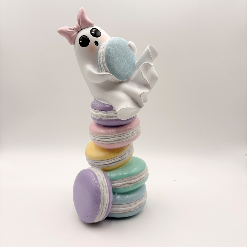 Pastel Halloween Ghost Figurine Stacked Macarons Pink Bow Decor  Summerween